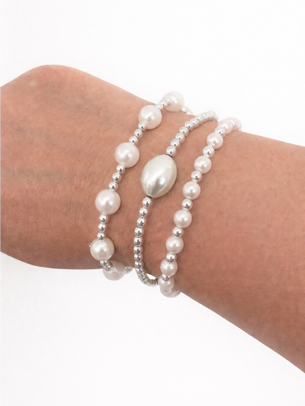 Silver and Pearl Beaded Stretch Bracelet Set of 3 - Elegant Women’s Jewelry